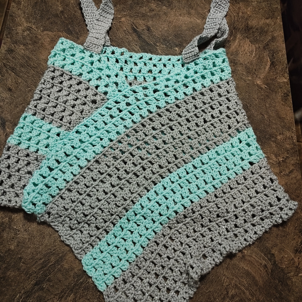Handmade Crochet Striped Tank Top - Mint & Gray